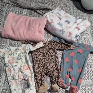 Carter's Floral, Leopard, and Apple Print Baby Onesies. And 2 Blankets